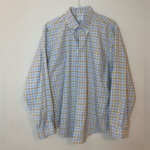 Brooks Brothers Blue and Yellow Checkered Shirt, XL, Slim Fit